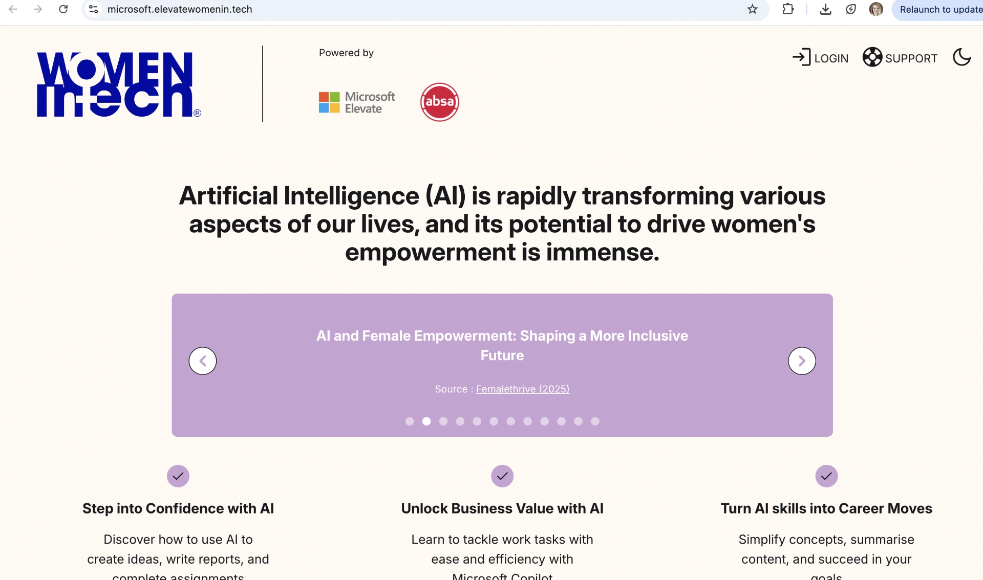Women in Tech, powered by Microsoft Elevate and Absa, citing Femalethrive (2025) as a source on AI and female empowerment